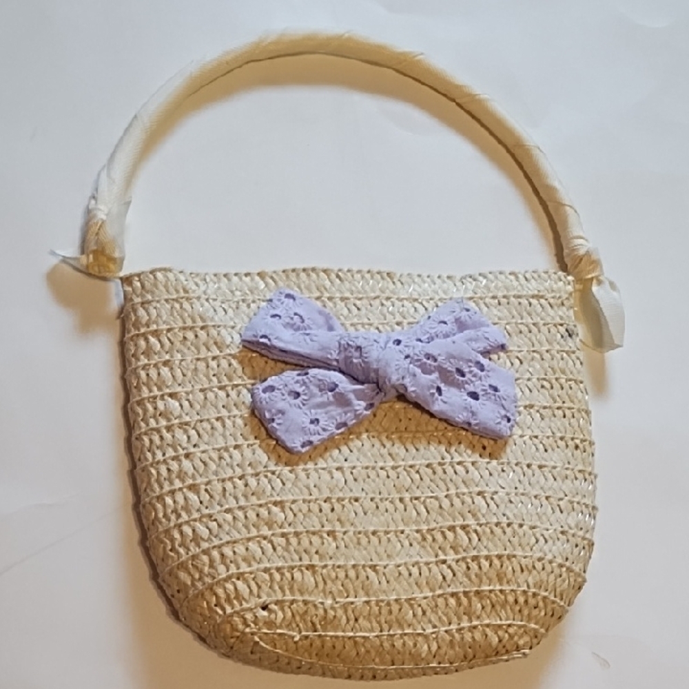 Woven Straw Bag with Lavender Cloth Bow